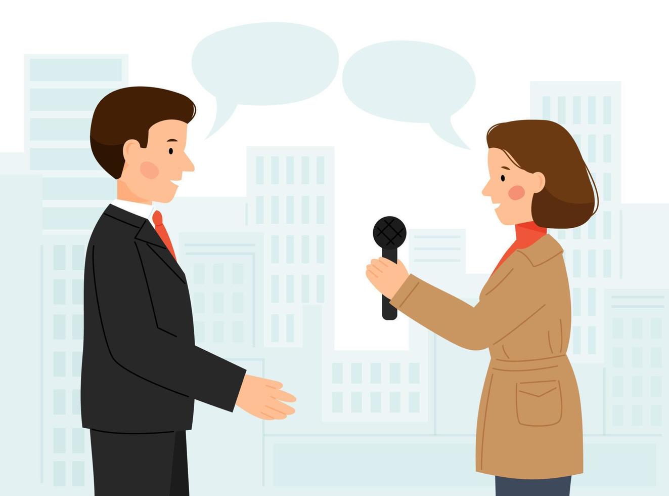 Vector scene of man and woman interview. A guy and a girl talking. Man giving interviews to a journalist.