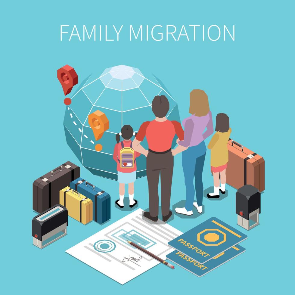 composición isométrica de la migración familiar vector