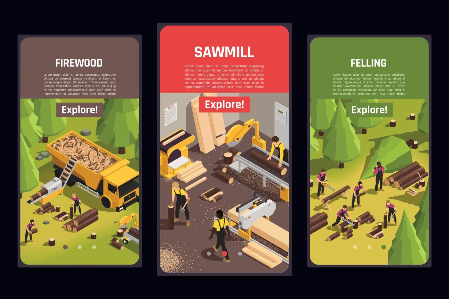 Sawmill Isometric Banners vector