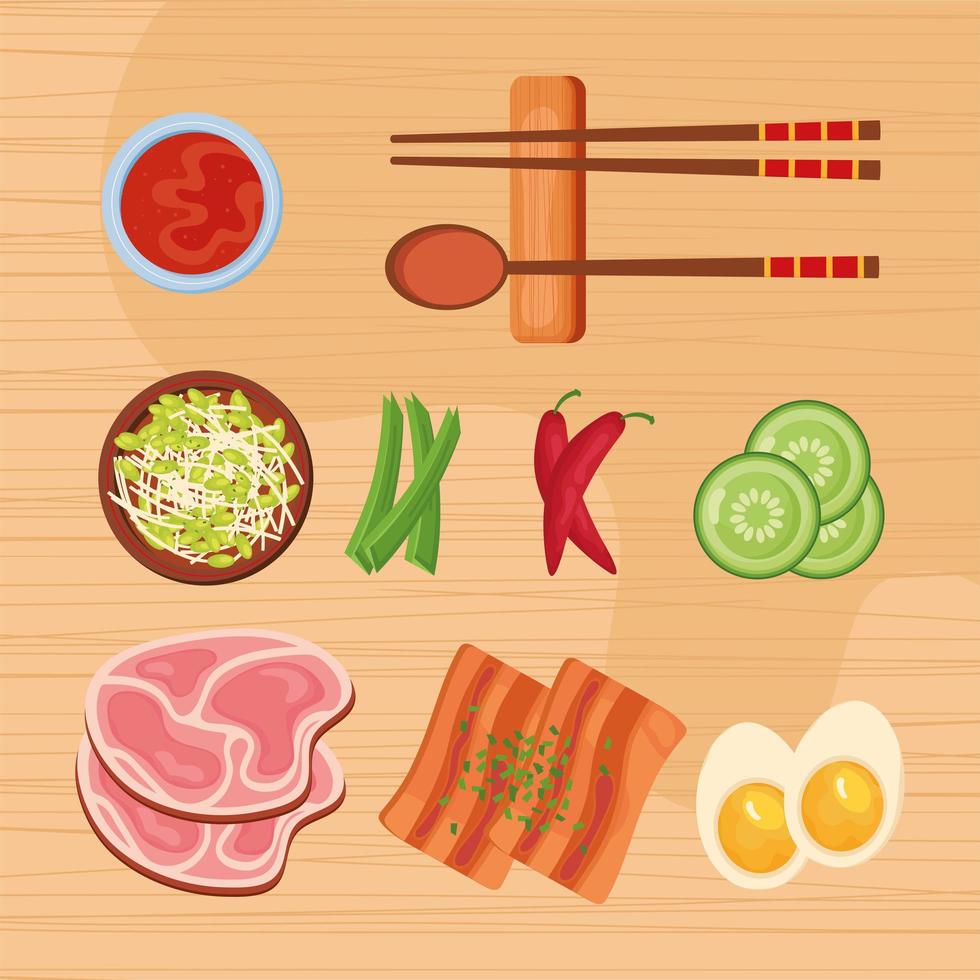 nine korean food icons vector