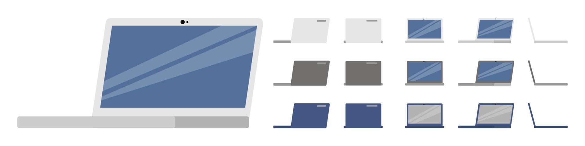 hermosa computadora portátil moderna con diferentes posiciones para el hogar y la oficina aislada con vista diferente colorida vector