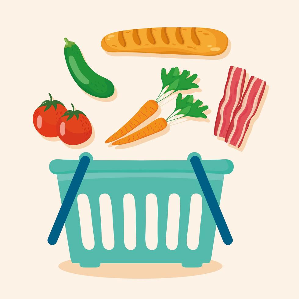 Basket and groceries icons vector