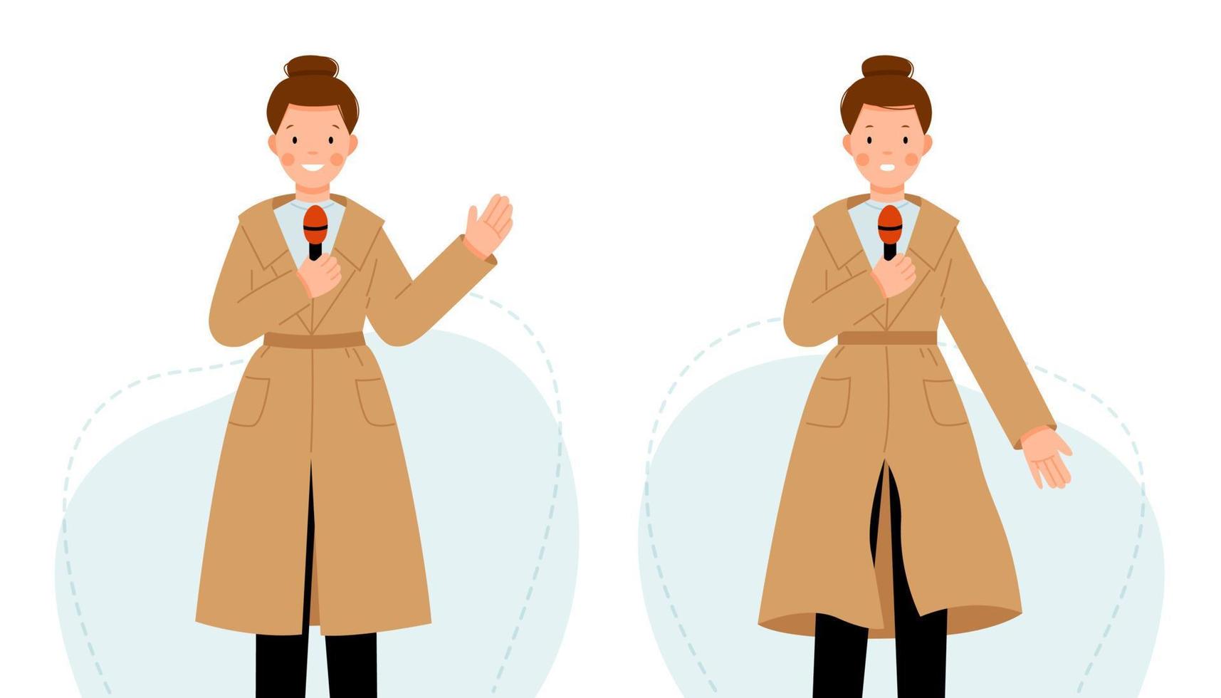 The reporter tells the news into the microphone. Two scenes with a journalist woman. Girl in a beige raincoat. vector