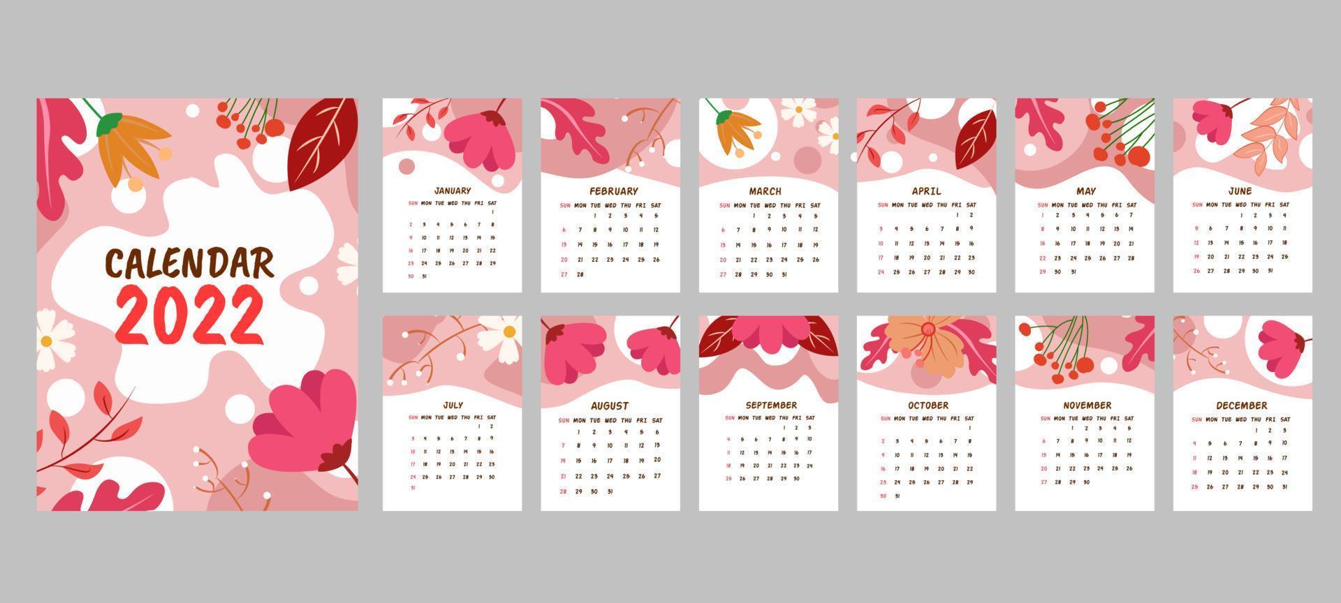 Calendar 2022 Template Design Floral vector