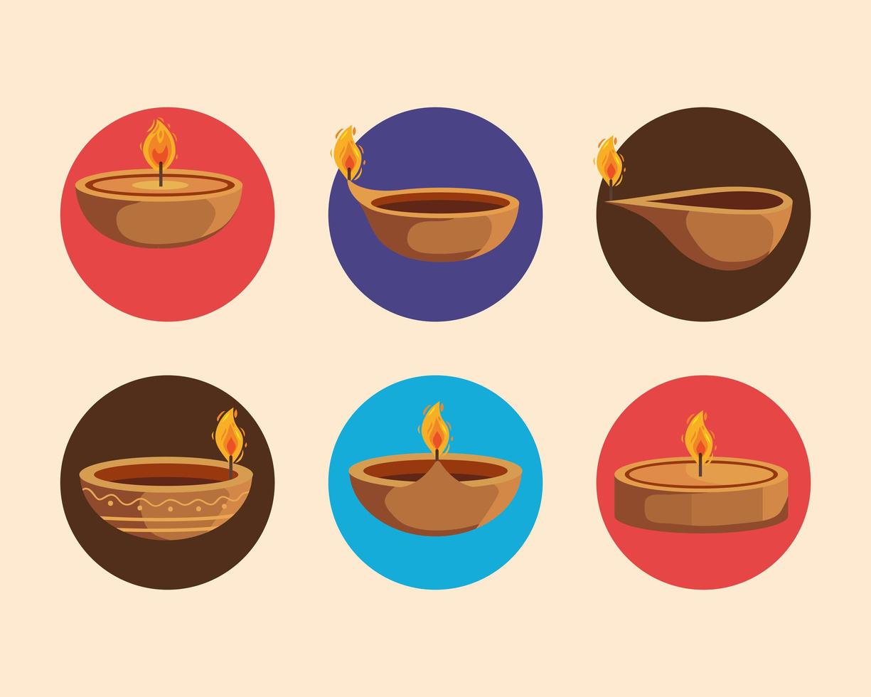 iconos de seis velas de diwali vector