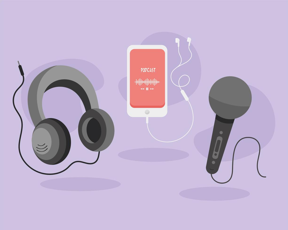 podcast auriculares smartphone y micrófono vector