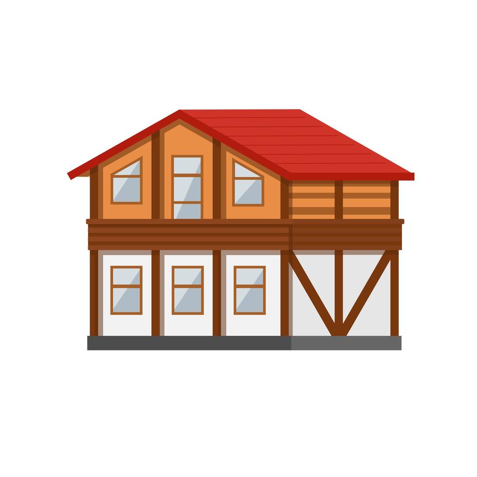 Wooden Country House, Cottage. Traditional Eco Building. Vector illustration flat cartoon home on the nature. Mountain chalet Exterior Wood construction