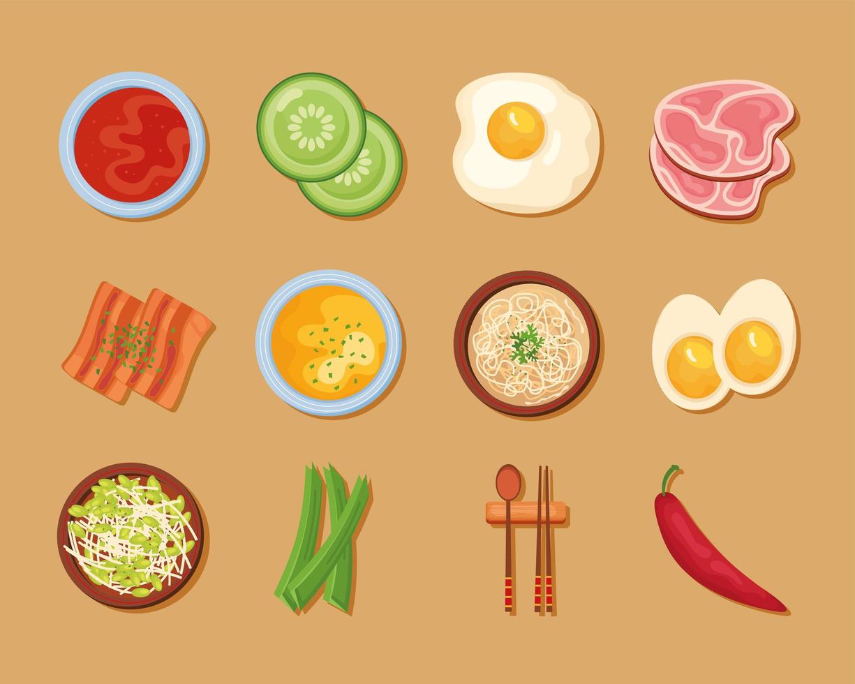twelve korean food icons vector