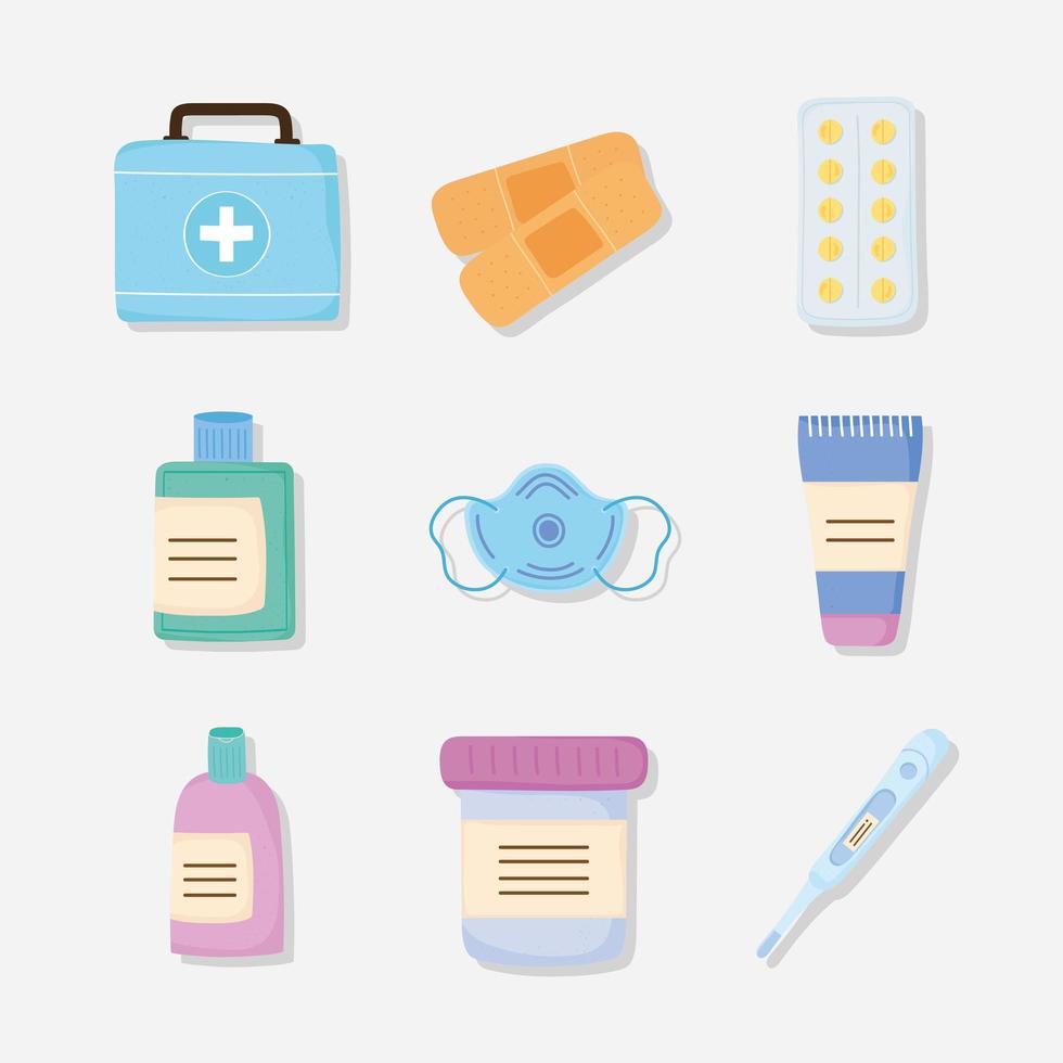 kits de medicina nueve iconos vector