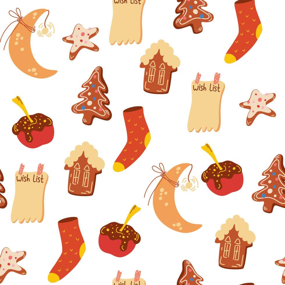 Christmas Sweets seamless pattern. Gingerbread, cookies, houses, apples, knitted socks.Cozy winter holidays. Winter Background for fabric, textile, clothes, paper scrapbooking, planner. Vecto vector