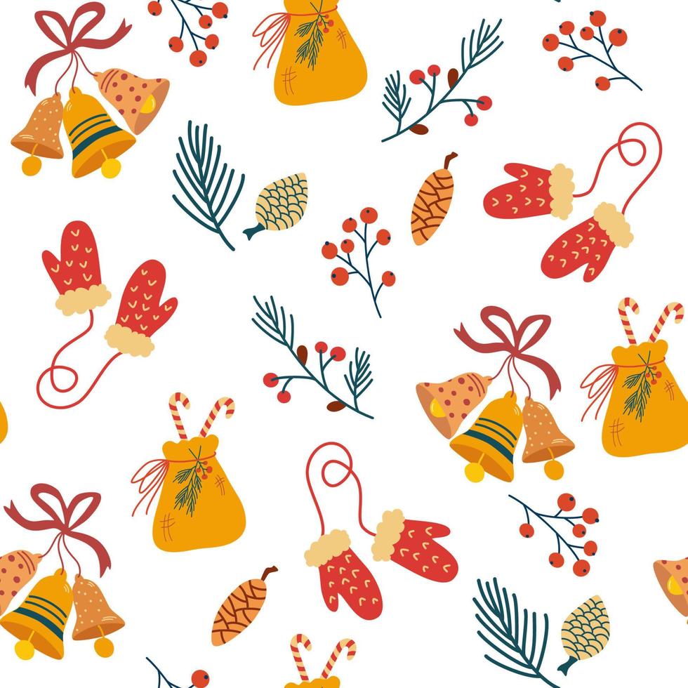 Christmas elements seamless pattern. Bells, mittens, bag of sweets, cones, berries and twigs. Cozy winter holidays. Winter Background for fabric, textile, clothes, paper scrapbooking, planner. Vector