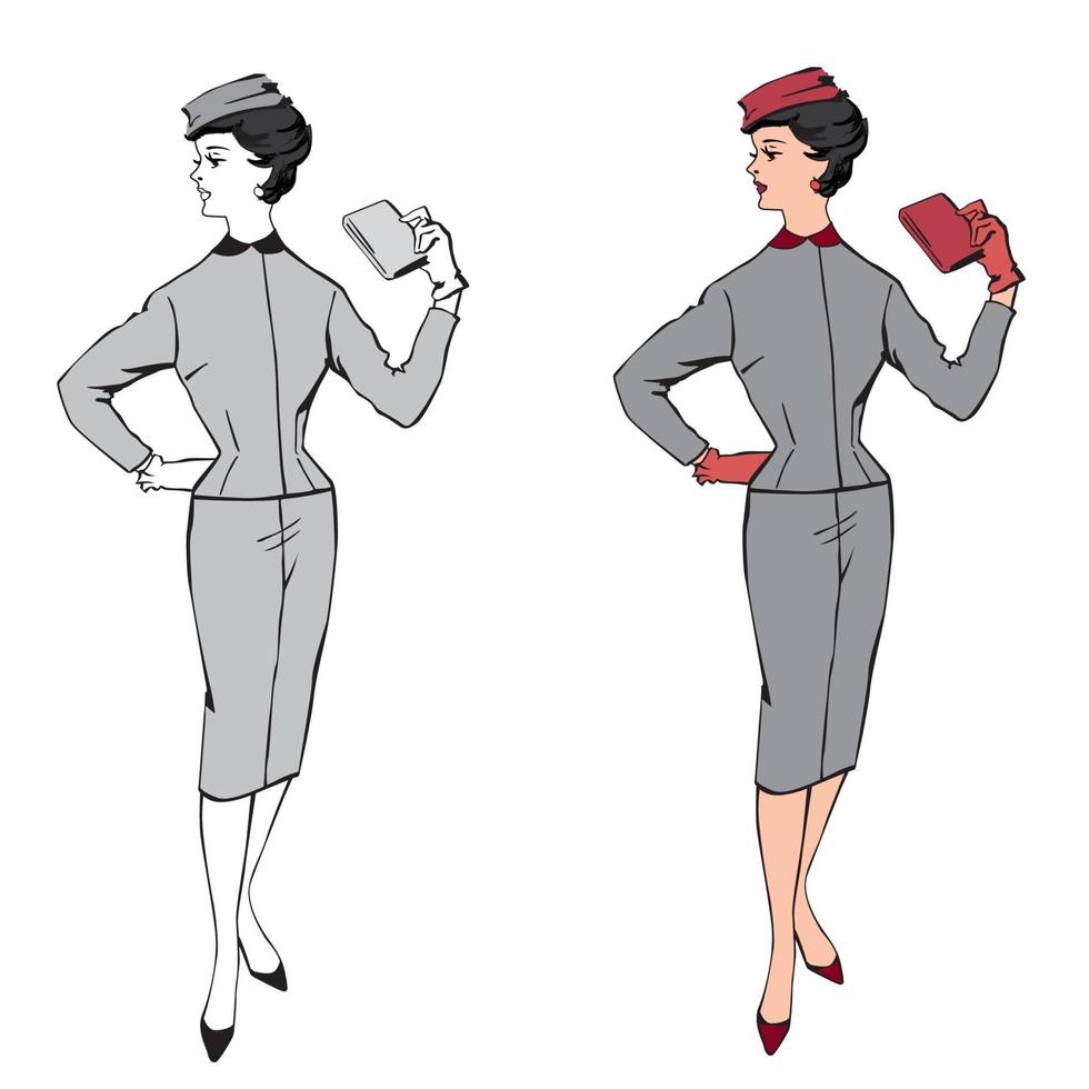 mujer de moda casual con estilo. Conjunto de estilo de vestido de negocios de moda de la década de 1960 vector