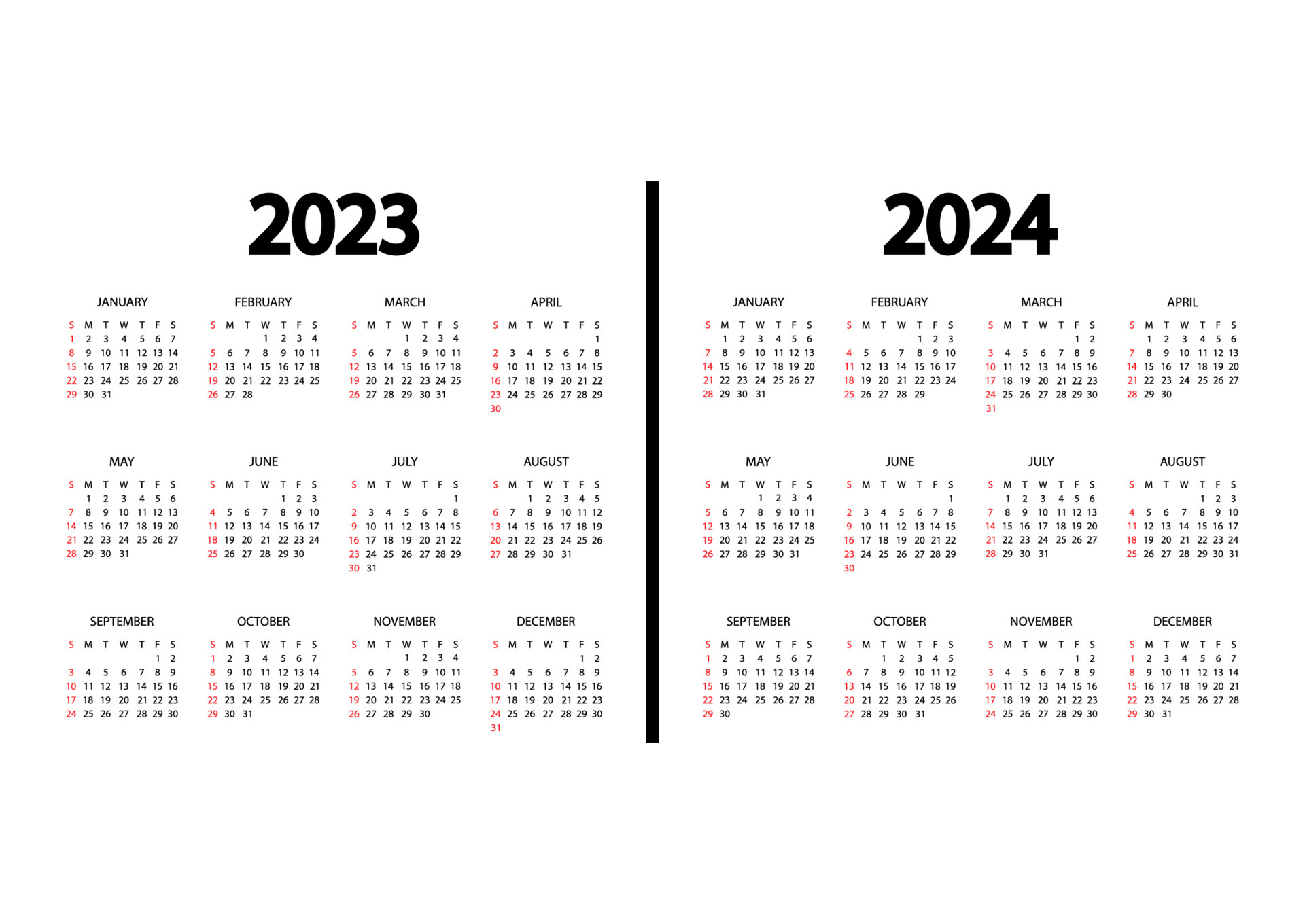 calendario 2023, año 2024. la semana comienza el domingo. plantilla de