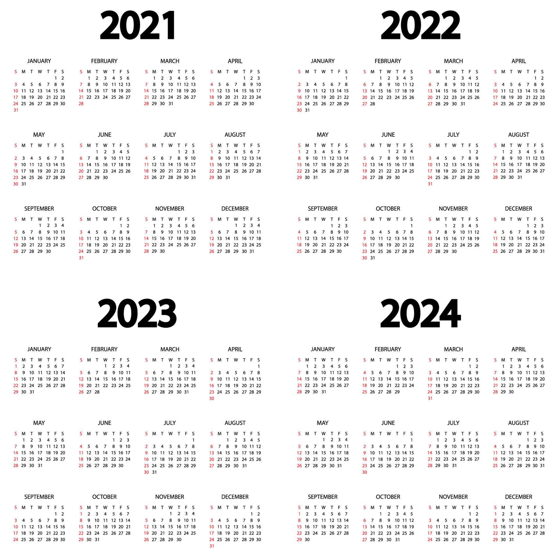 Calendar 2021, 2022, 2023, 2024 year. The week starts on Sunday. Annual