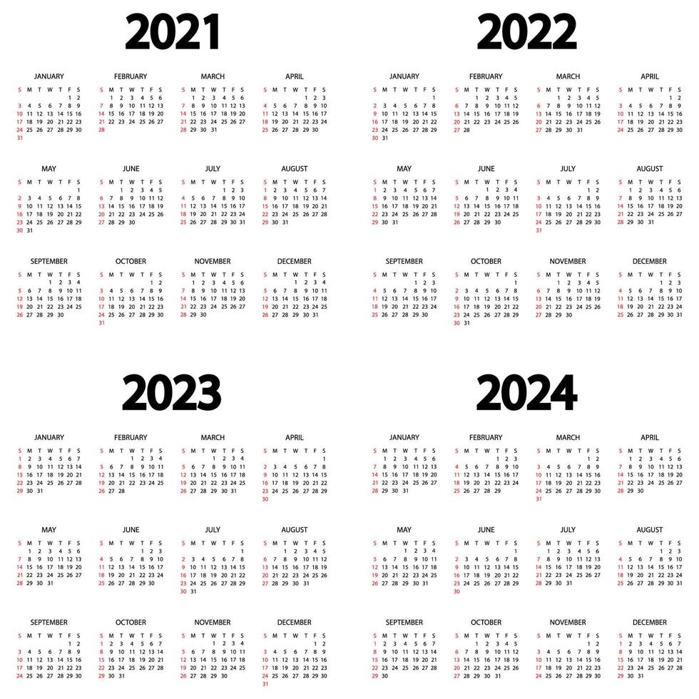 Calendar 2021, 2022, 2023, 2024 year. The week starts on Sunday. Annual calendar template. Yearly English calendar. Yearly organizer in minimal design. Portrait orientation vector