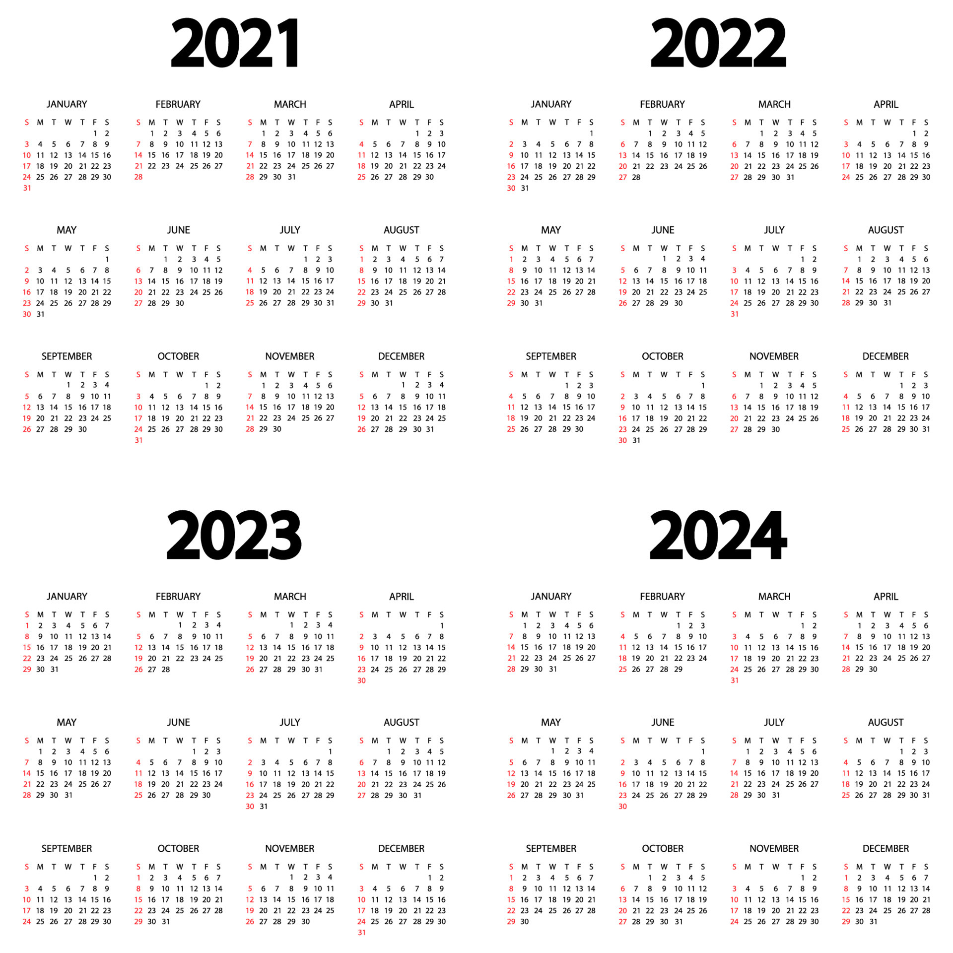 Calendar 2024 year. The week starts Sunday. Annual English calendar