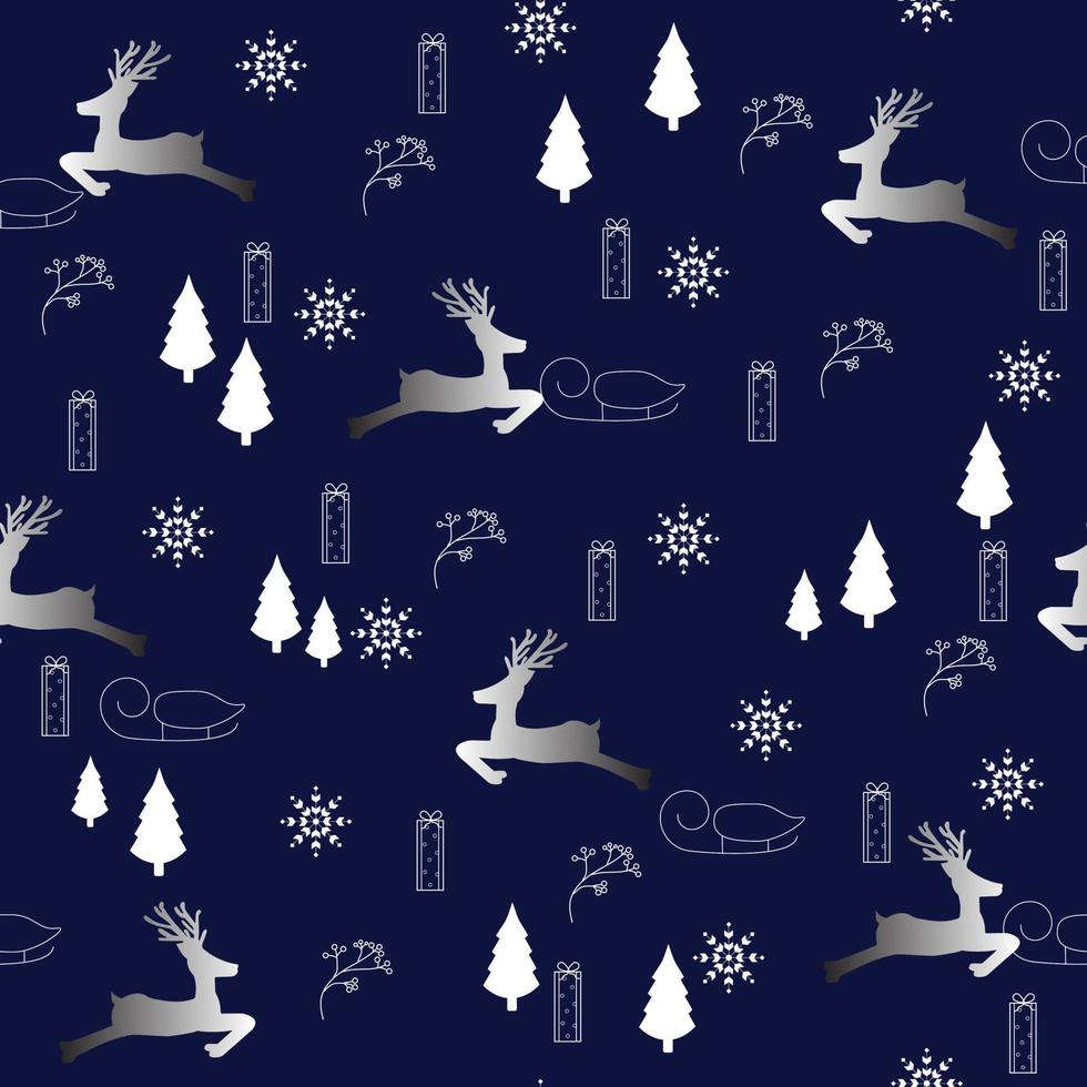 Seamless Pattern. Happy New Year and Merry Christmas concept. Cartoon reindeer, poinsettia, holly, Christmas gift and sleigh on dark blue background. Festival of celebrations. For making gift wrapping vector