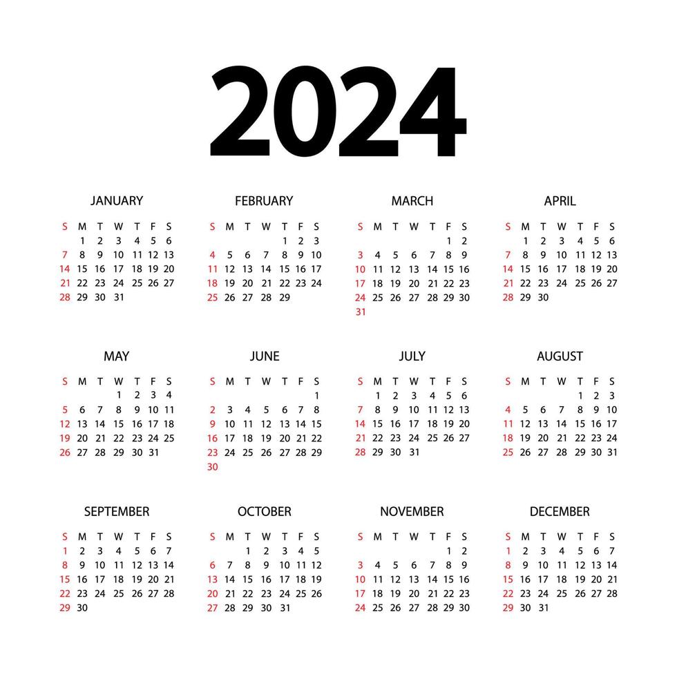 plantilla de calendario para el año 2024. diario planificador en un estilo minimalista. la semana comienza el domingo. plantilla de calendario anual. diseño de maqueta en colores blanco y negro, vacaciones en colores rojos vector