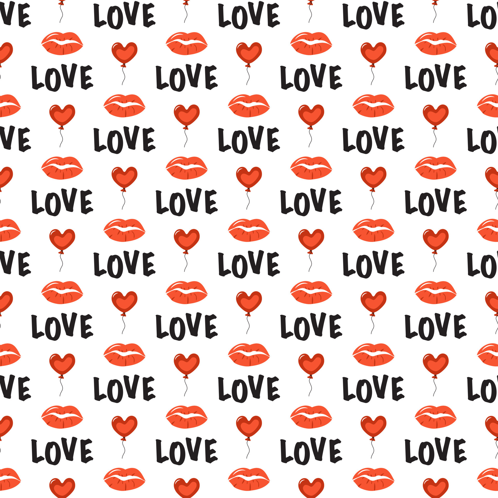 Seamless pattern with hearts balloon, lips and word love. Holiday