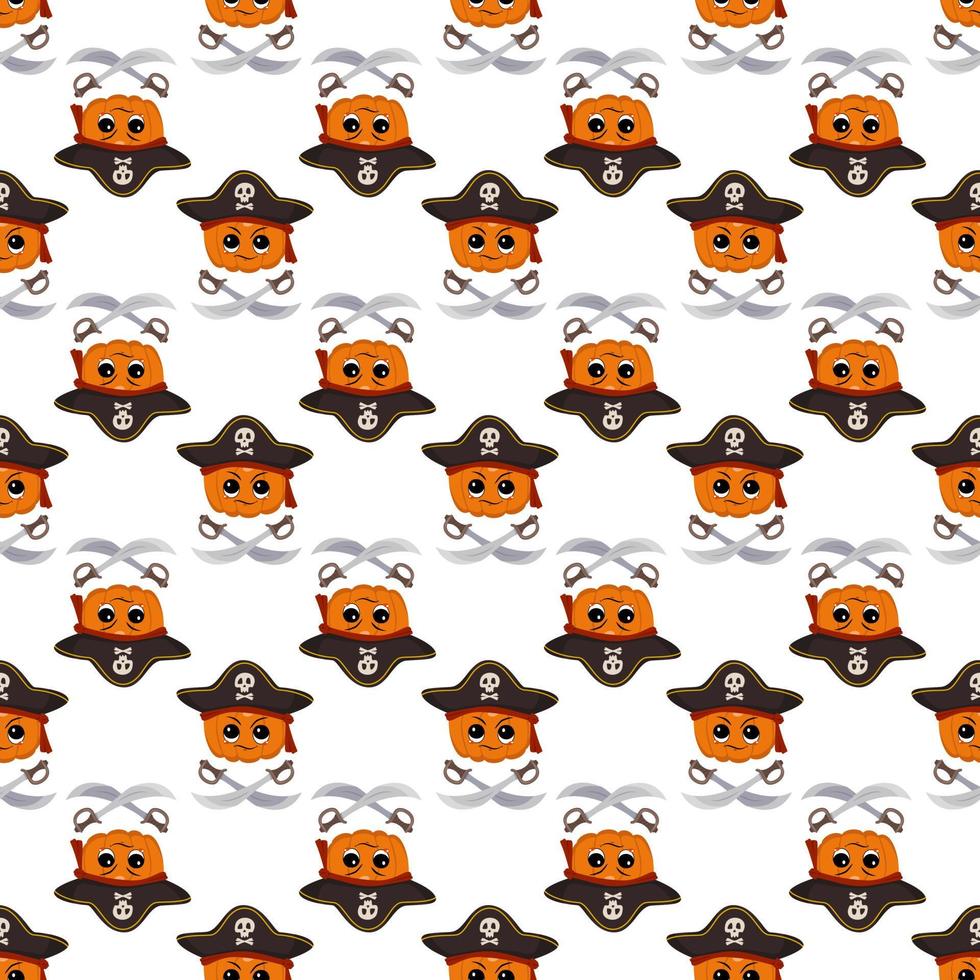 patrón sin costuras con carácter de calabaza con emociones y cara con sombrero de capitán y sables cruzados. impresión de decoración de fiesta de halloween vector