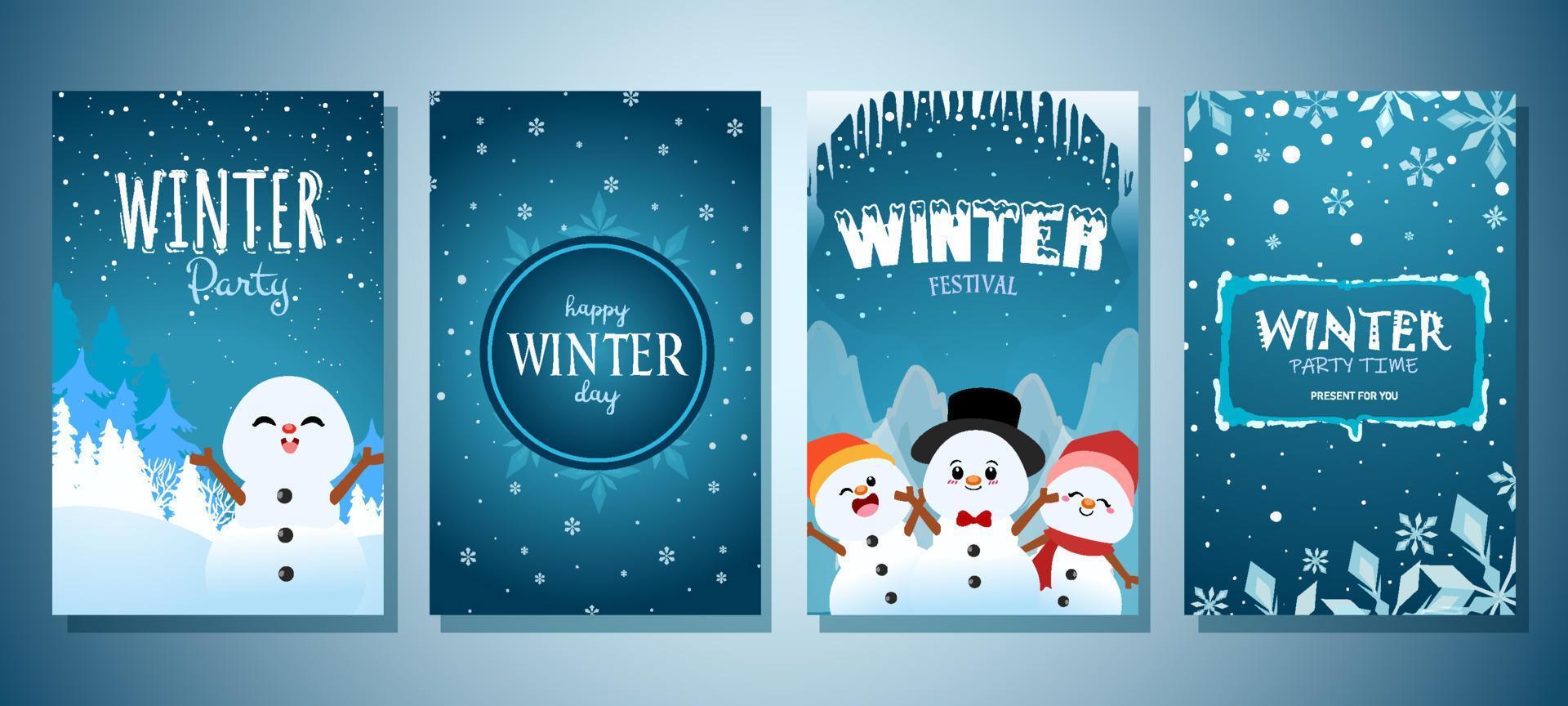 concepto de conjunto de invitación de invierno con muñeco de nieve vector