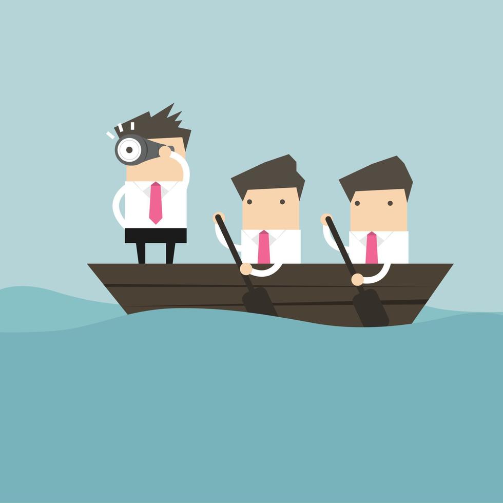 Businessmen in rowing boat  two rowers one captain manager boss leader. vector
