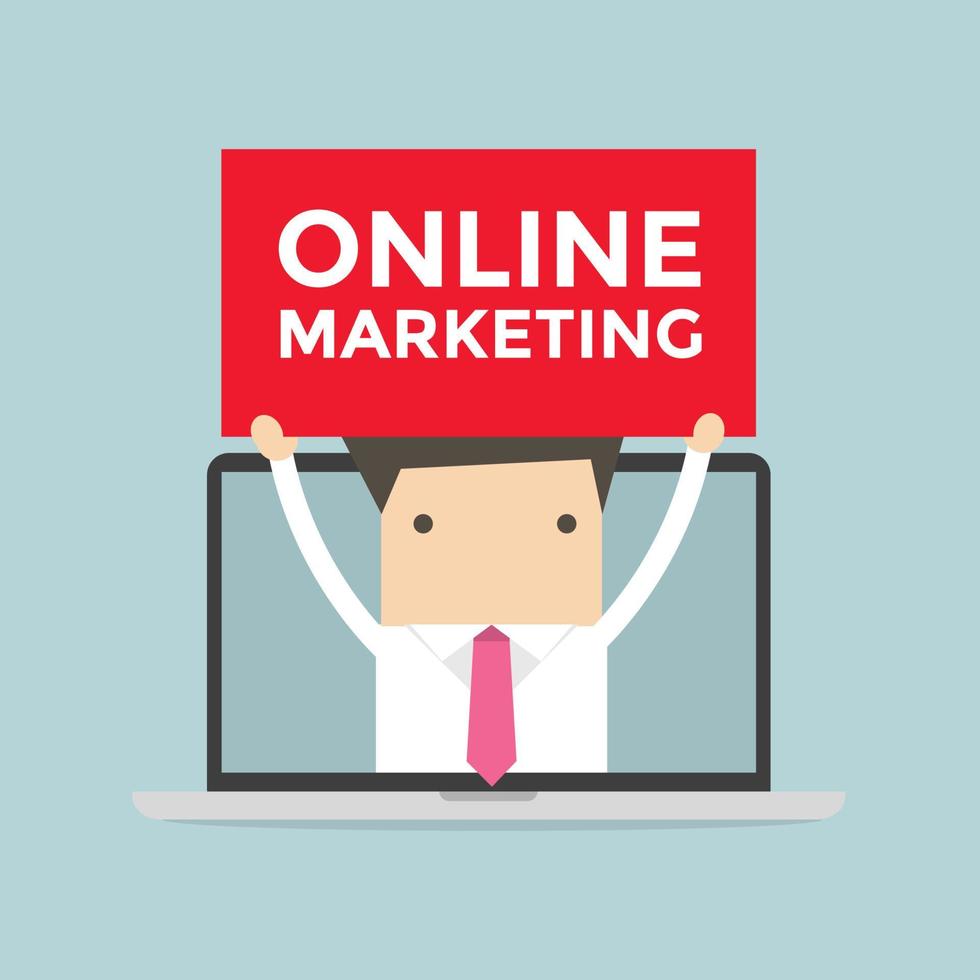 hombre de negocios con cartel de marketing en línea en el ordenador portátil. vector