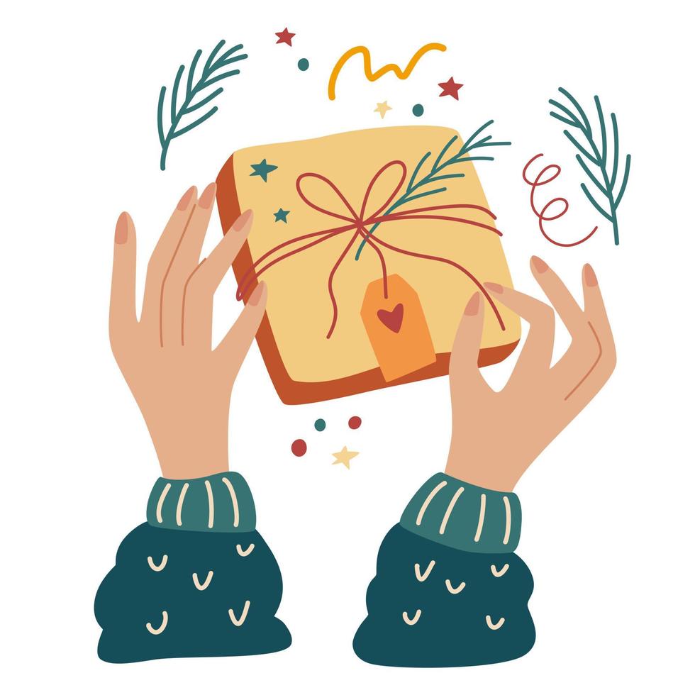 Hands wrap a holiday gift. Wrapping Christmas gift box. Preparing for celebration Christmas eve or new year. Top view. Flat cartoon vector illustration.
