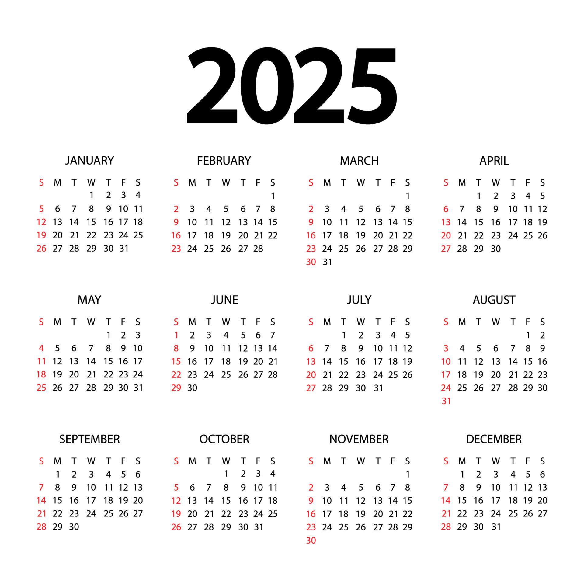 Calendar template for 2025 year. Planner diary in a minimalist style. The week starts on Sunday 