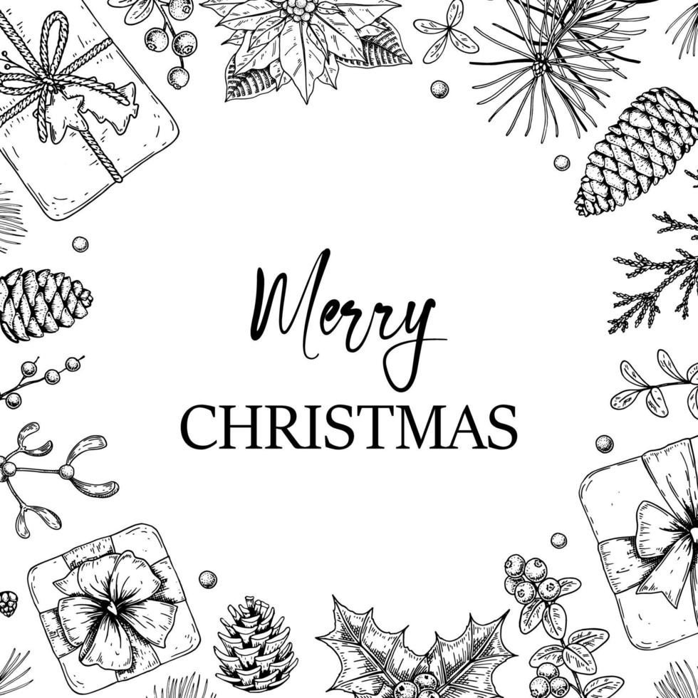Hand drawn Merry Christmas and Happy New year greeting card with gift boxes, poinsettia, mistletoe, holly, pine branches and cones. Vector illustration