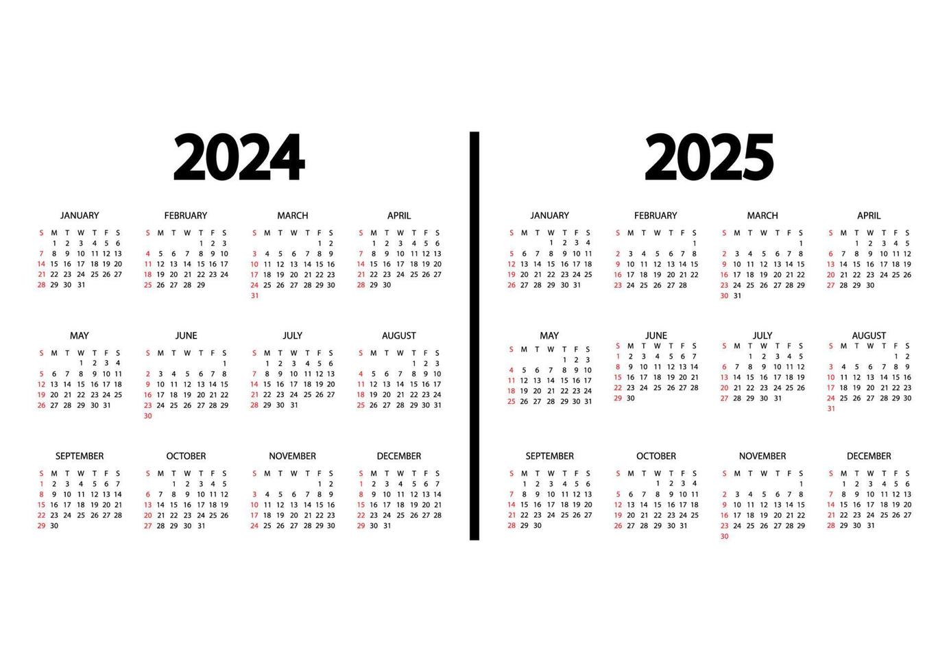 calendario 2024, año 2025. la semana comienza el domingo. plantilla de calendario  anual. calendario inglés anual. organizador anual en diseño minimalista.  Orientación Vertical 4214780 Vector en Vecteezy