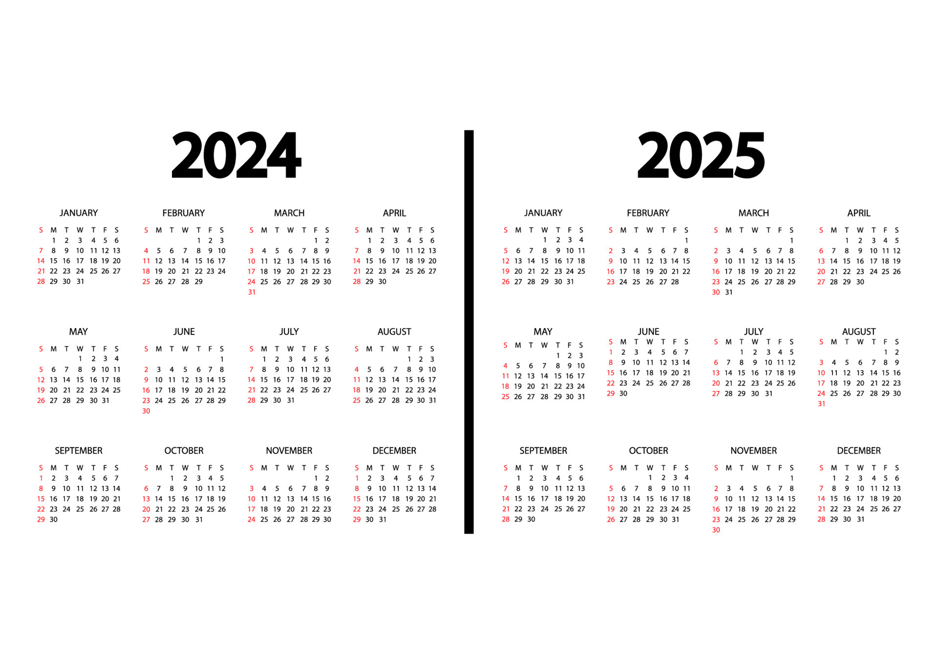 Calendar 2024, 2025 year. The week starts on Sunday. Annual calendar