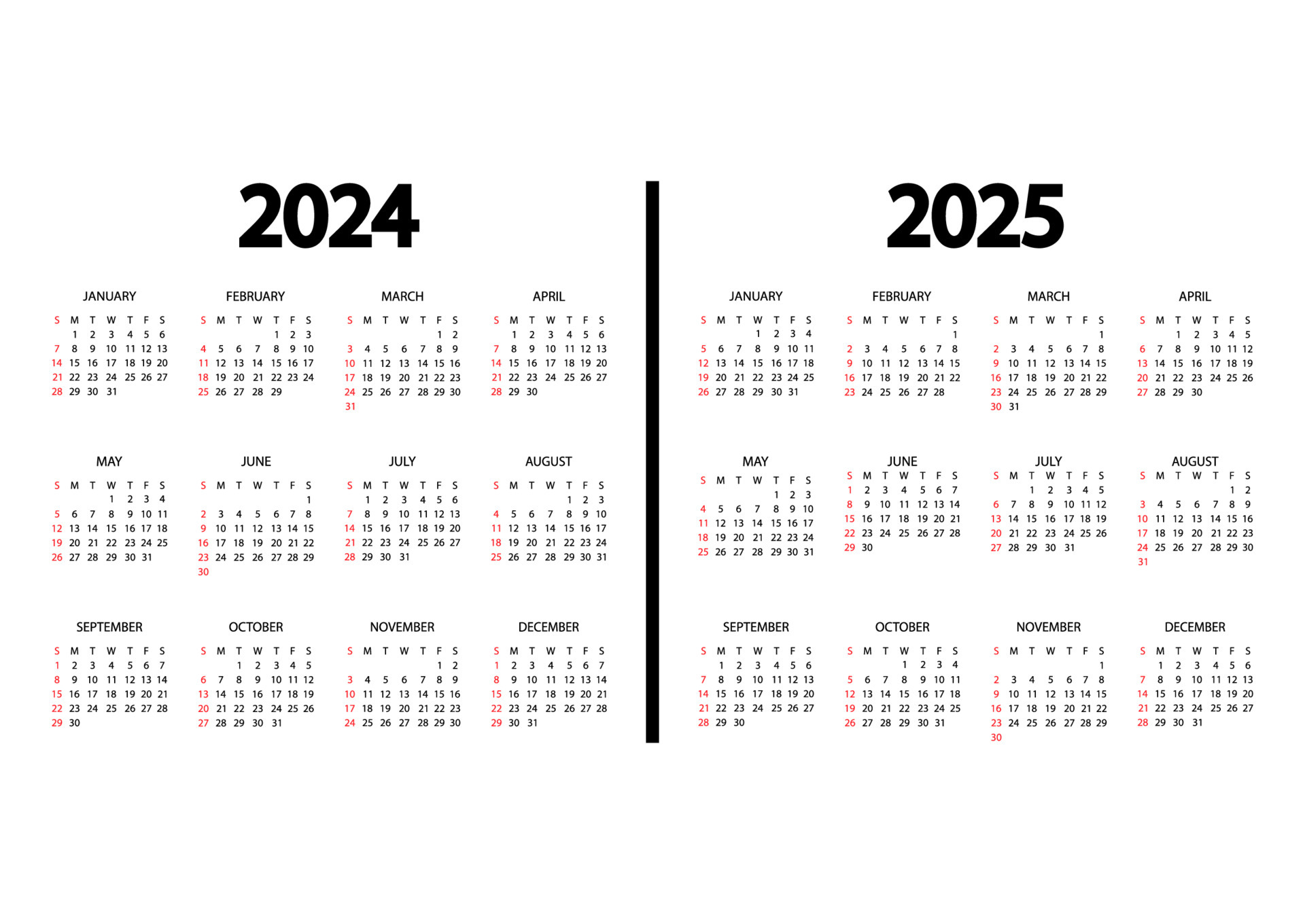 Calendar 2024 2025 Year The Week Starts On Sunday Annual Calendar 