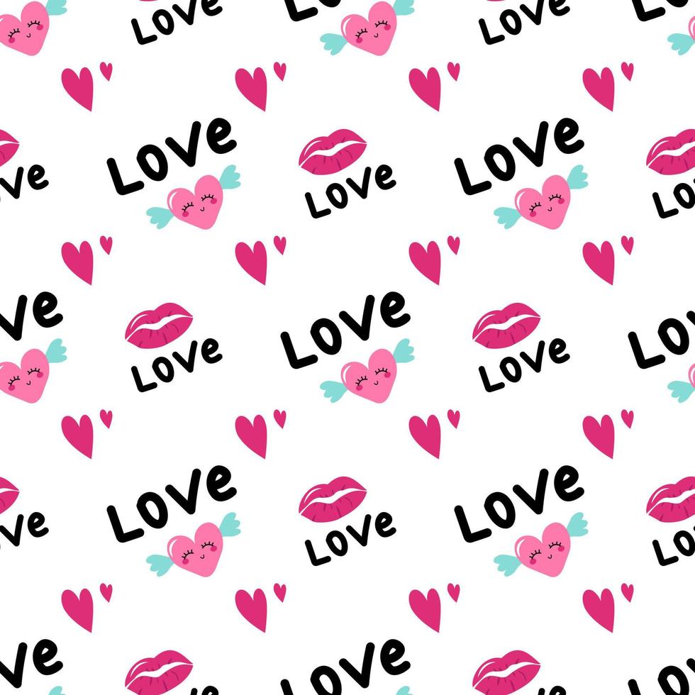 Seamless pattern with hearts with wings, lips and word love. Holiday decoration, valentine day print, wedding, gift wrapping paper, textiles and holiday design vector