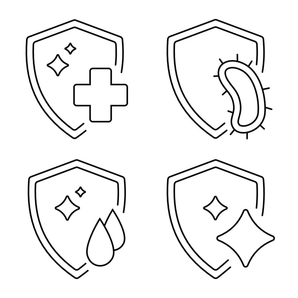 Immune system concept. Disinfection, protection or cleaning symbol. Badges for material with antimicrobial and antiviral protection. Editable stroke. Antibacterial resistance icons. Vector