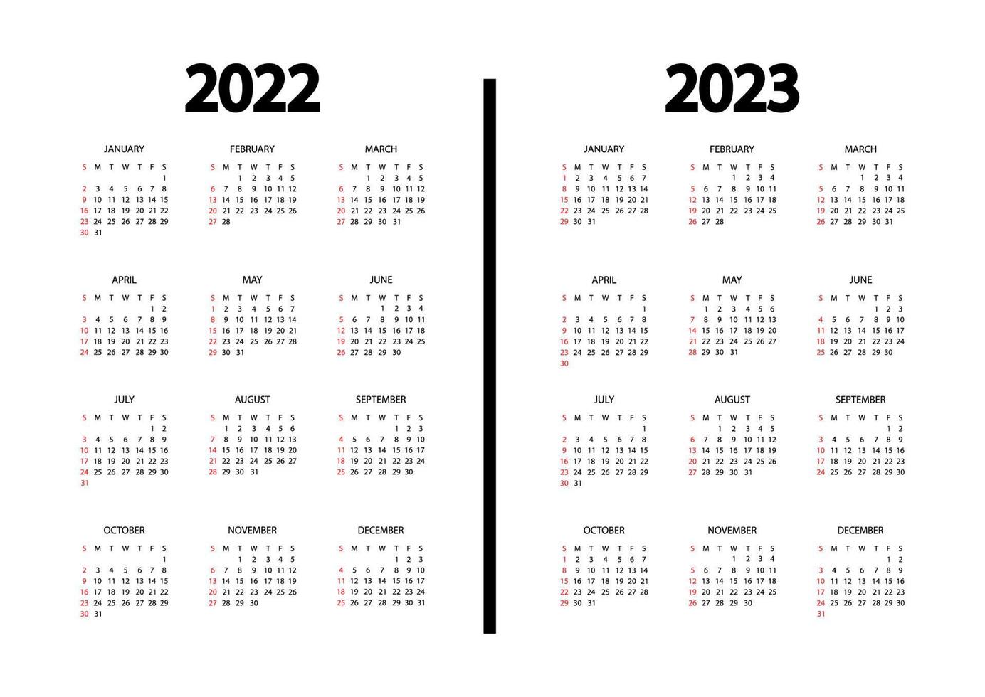 Calendar 2022, 2023 year. The week starts on Sunday. Annual calendar template. Yearly English calendar. Yearly organizer in minimal design. Portrait orientation vector