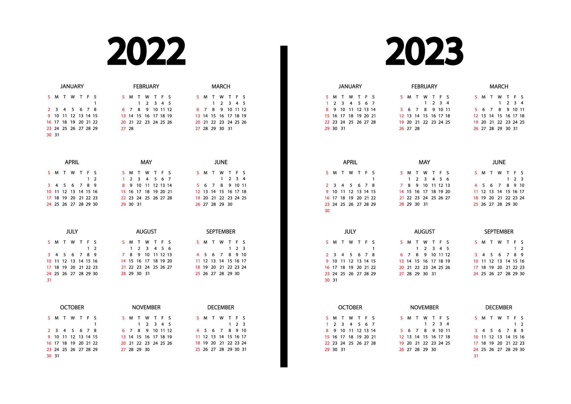 Calendario 2022 2023 Calendar 2022, 2023 year. The week starts on Sunday. Annual calendar  template. Yearly English calendar. Yearly organizer in minimal design.  Portrait orientation 4214877 Vector Art at Vecteezy