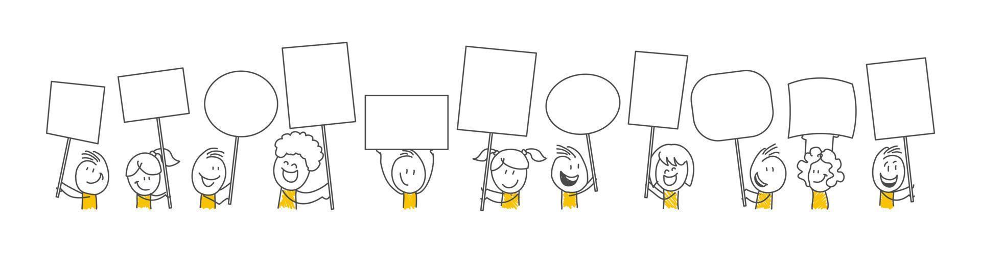 Stick figures. Blank banner set. Vector illustration of people holding blank.