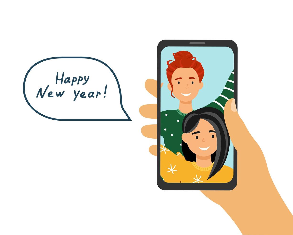 Online greetings for the new year. Phone in hand vector