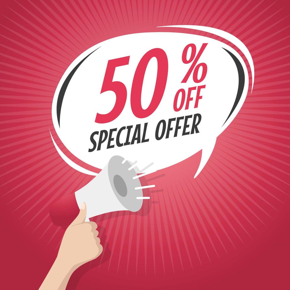 Sale 50 percent off Special Offer cartoon speech bubble with loudspeaker. vector