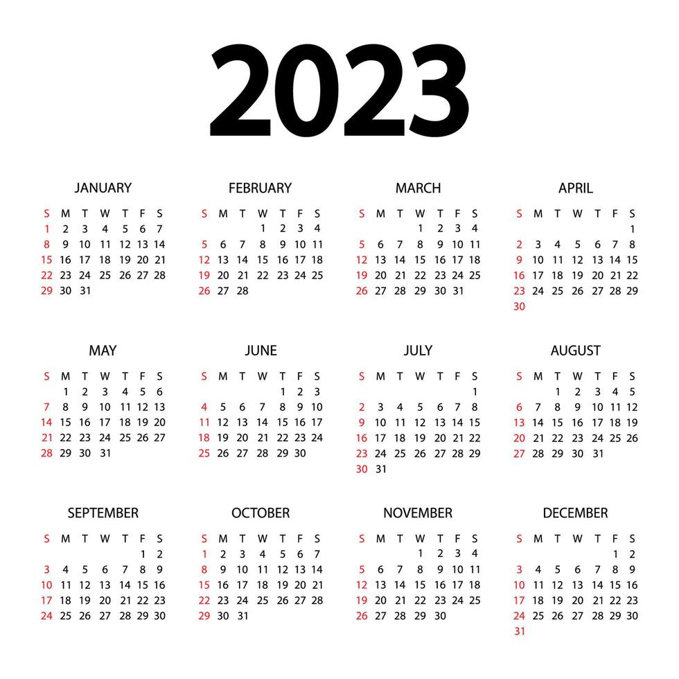 Calendar 2023 year - vector illustration. The week starts on Sunday