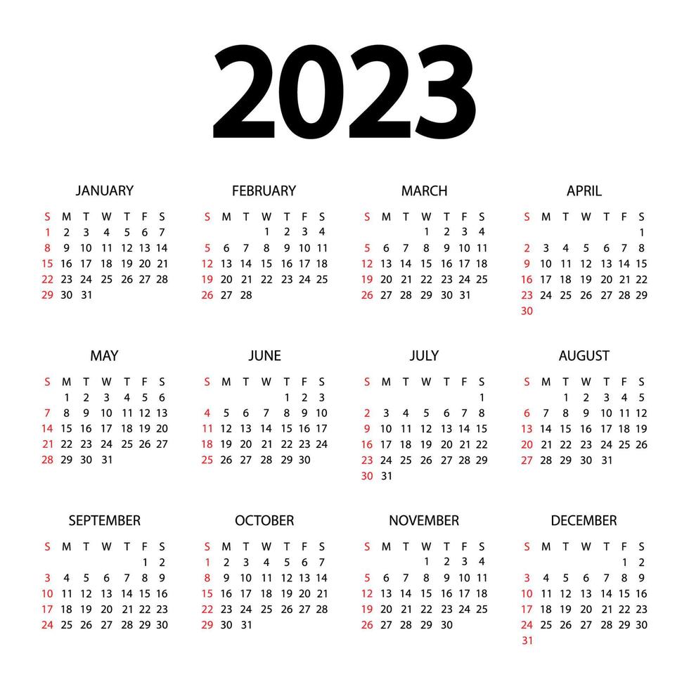 Calendar 2023 year - vector illustration. The week starts on Sunday. Annual calendar 2023 template. Calendar design in black and white colors, Sunday in red colors