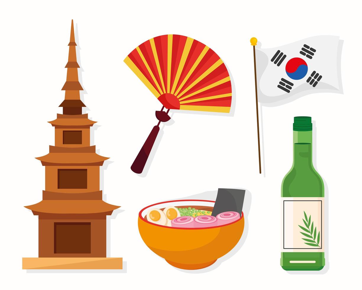 cinco iconos de la cultura coreana vector