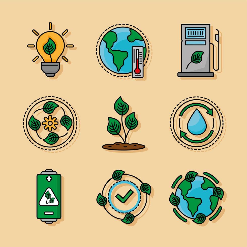 nueve iconos de ecología vector