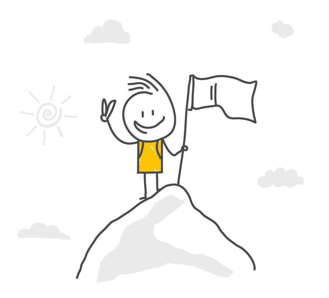 Stick figures. Businessman on top of the mountain. Vector. vector