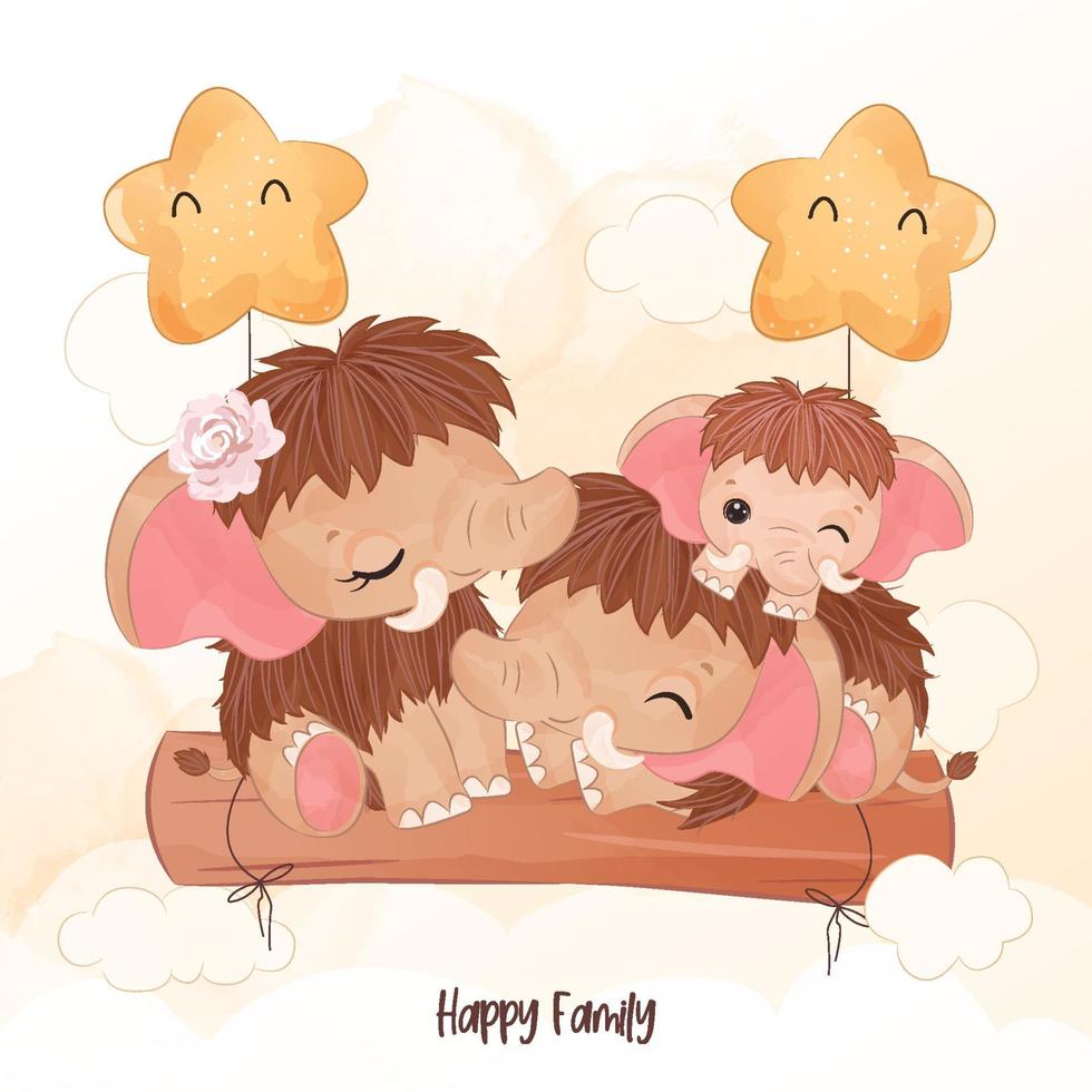 Cute mammoth family portrait in watercolor illustration vector