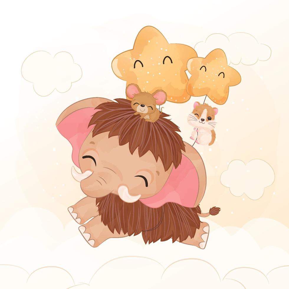 Cute little mammoth flying with mice and hamster vector