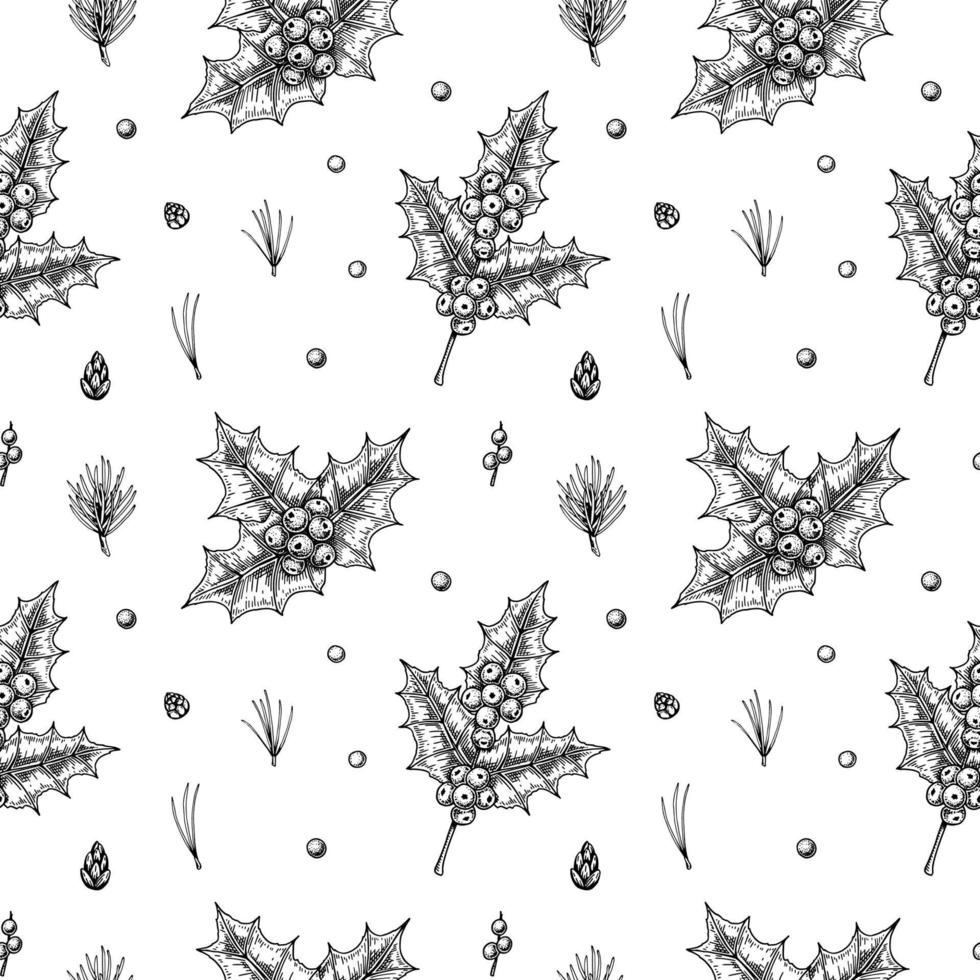Christmas seamless pattern with hand drawn holly branches and berries isolated on white background. Vector illustration in vintage sketch style
