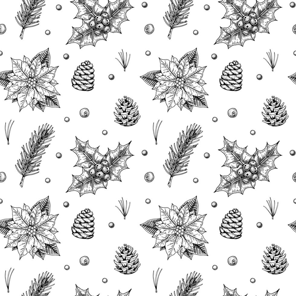 Christmas seamless pattern with hand drawn holly, poinsettia, Christmas tree branches and cones isolated on white background. Vector illustration in vintage sketch style