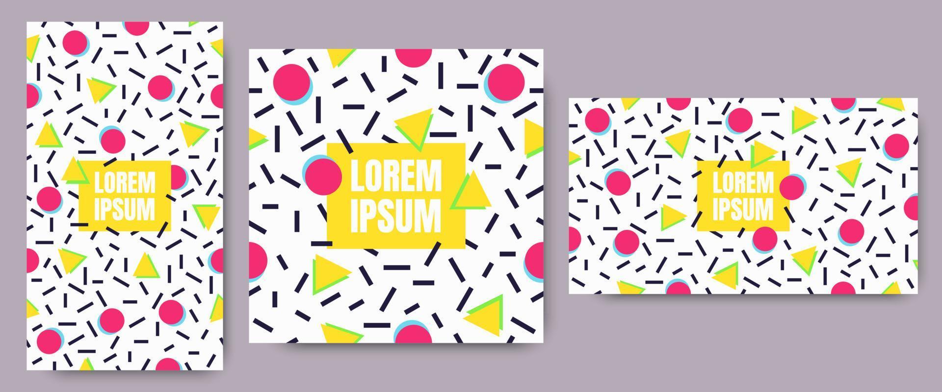 3 Geometric background with geometric line shapes pattern with trendy Memphis fashion style 80s-90s template in colorful vibrant colors isolated on white background set vector